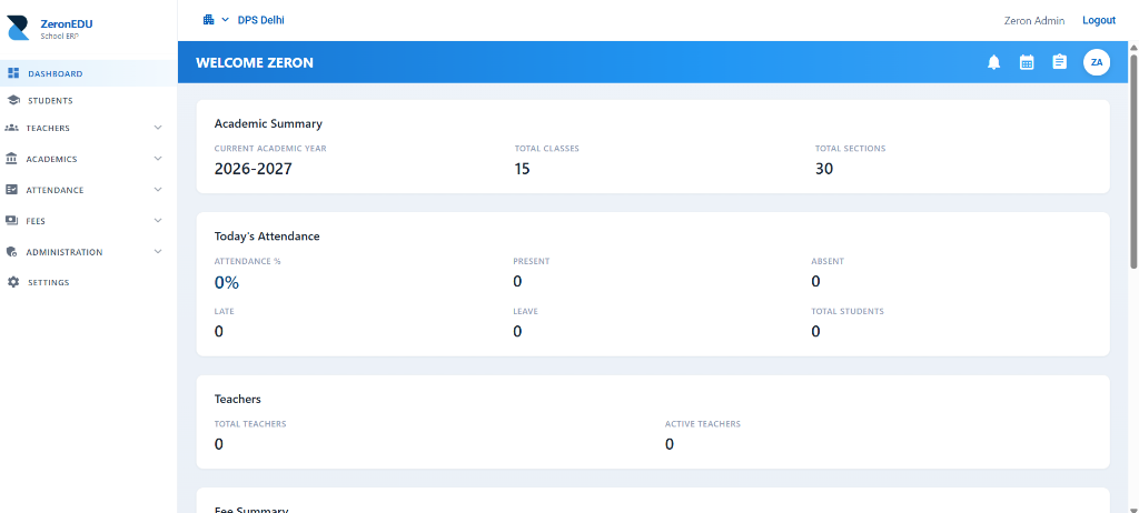 Zeron School ERP Dashboard